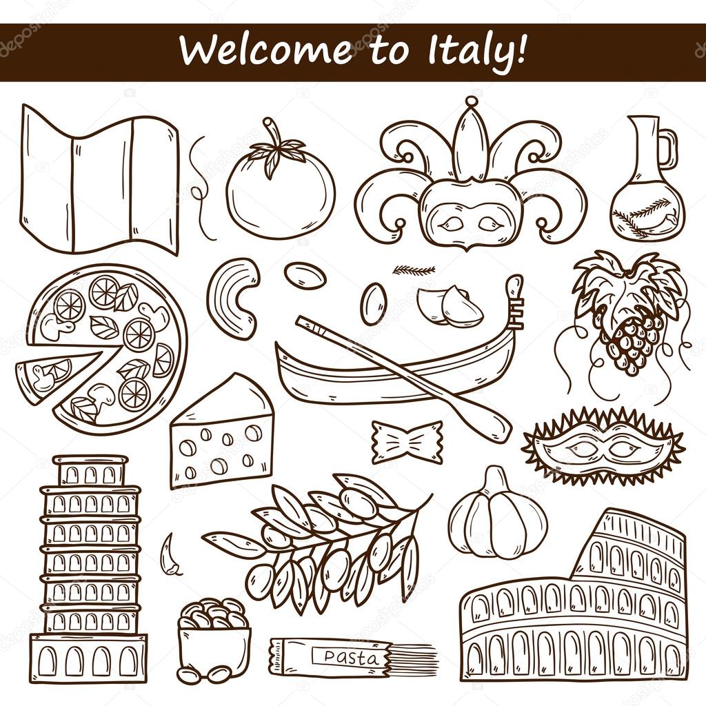 Set of cartoon objects in hand drawn outline style on Italy theme: gondla, food, mask, pisa, coliseum, olive oil, Vector travel concept