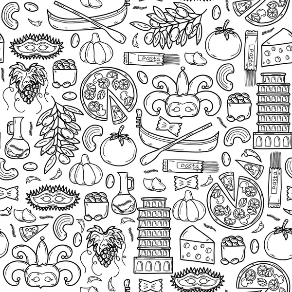 Fundo sem costura com objetos de desenho animado em estilo esboço desenhado à mão no tema Itália: gondla, comida, máscara, pisa, coliseu, azeite, Conceito de viagem vetorial —  Vetores de Stock