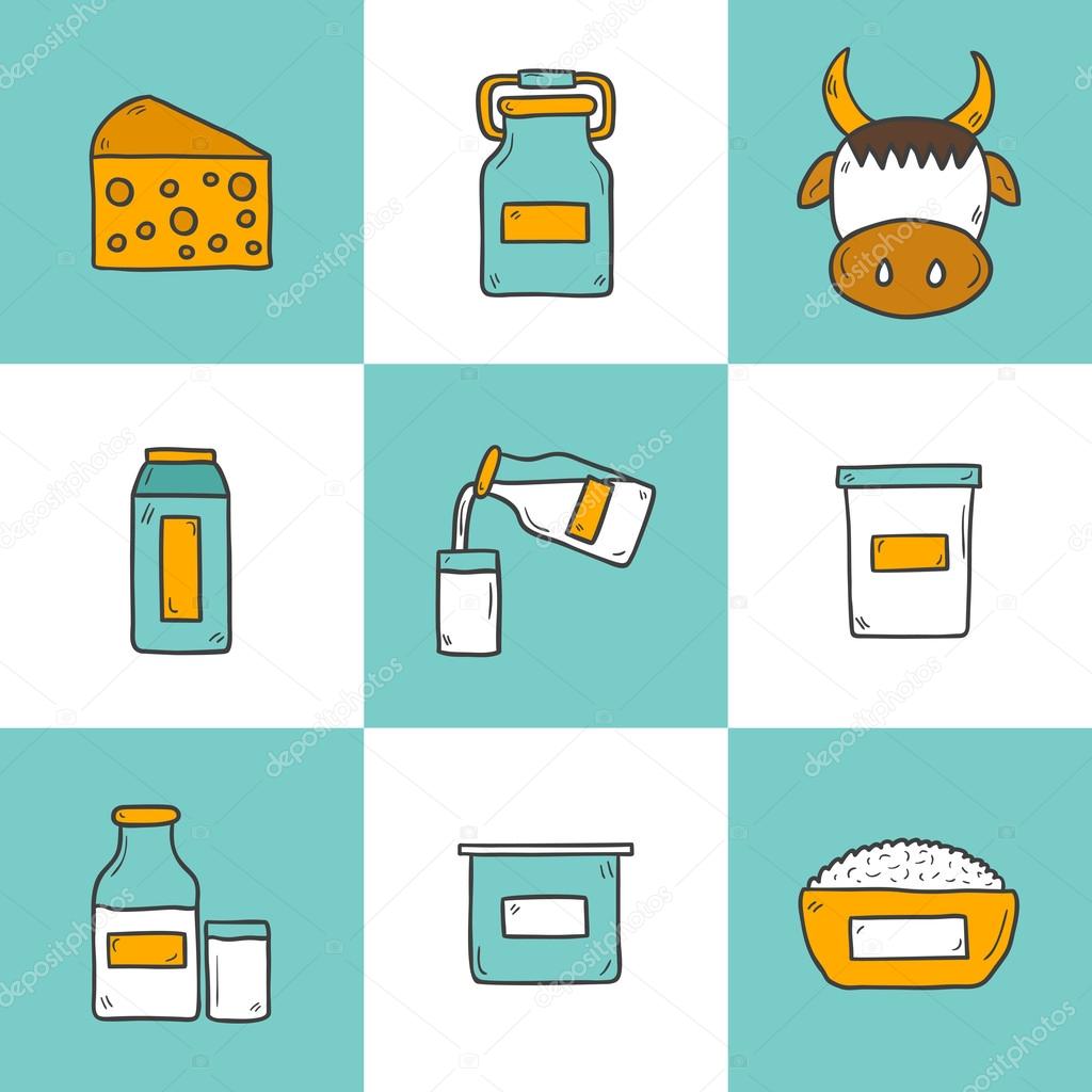 Set of cute hand drawn cartoon icons with products containing lactose: milk bottle, glass, cheese, cottage, cream, yogurt, cow. You can use it for your fresh milk design and lactose intolerance or