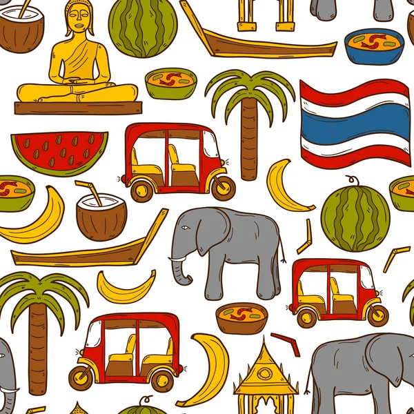 Sfondo senza soluzione di continuità con oggetti dei cartoni animati in stile disegnato a mano sul tema Thailandia: taxi, buddha, bandiera, frutta, elefante, palma. Vector asia concetto di viaggio — Vettoriale Stock