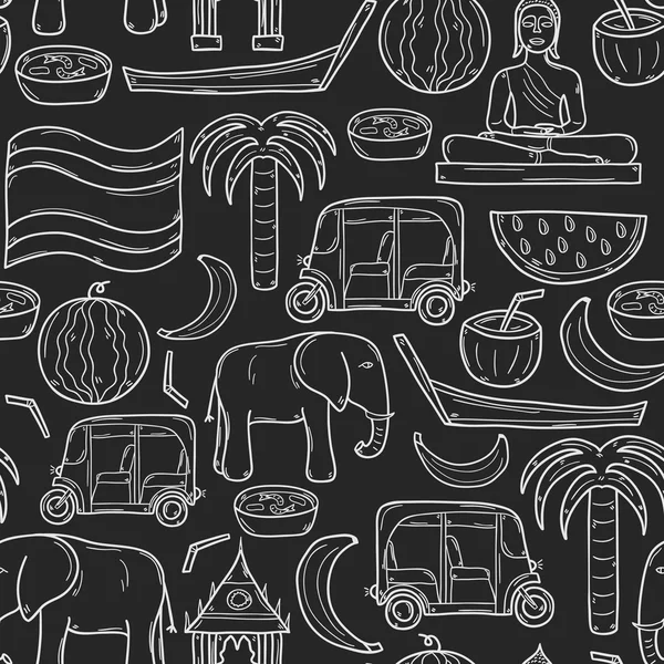 Fondo sin costuras con dibujos animados esbozan objetos en estilo dibujado a mano sobre el tema de Tailandia: taxi, buddha, bandera, frutas, elefante, palma. Vector Asia concepto de viaje — Vector de stock