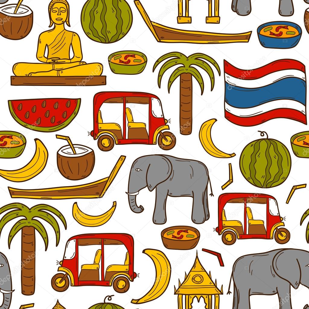 Seamless background with cartoon objects in hand drawn style on Thailand theme: taxi, buddha, flag, fruits, elephant, palm. Vector asia travel concept