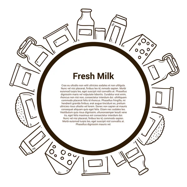 Zuivelproducten vector concept met hand getrokken objecten en copyspace. Lactose dieet en verse natuurlijke melk sjabloon. Set van moderne hand getekende objecten met producten die lactose bevatten: melk fles, glas — Stockvector