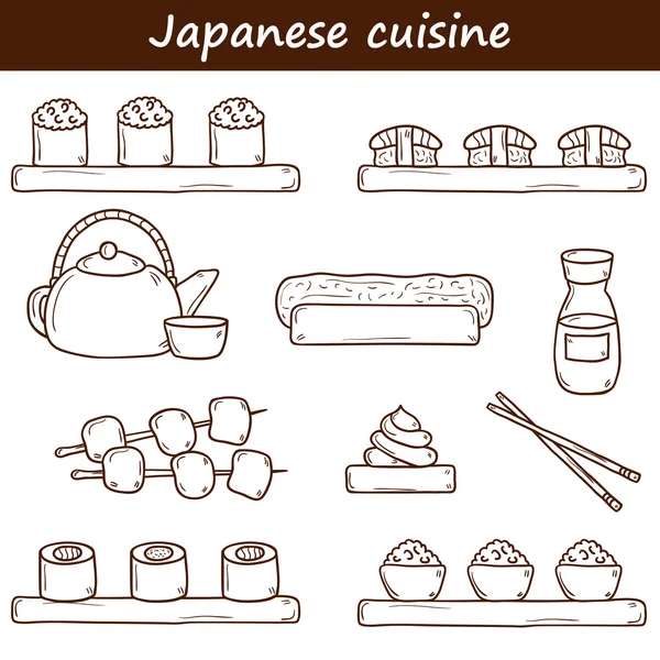 Handgezeichnete Symbole der japanischen Küche: Teekanne, Brötchen, Sushi, Wasabi, Kaviar. Ethnische Reisekonzepte. ideal für Restaurant-Menü, Food-Site oder App — Stockvektor