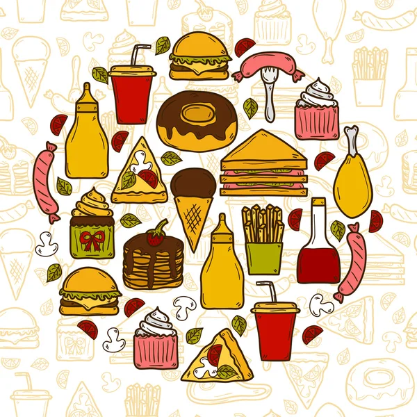 Ilustración vectorial con objetos sobre el tema de la comida americana en forma de círculo y fondo sin costuras: papa frita, hot dog, soda, hamburguesa, sándwich. Cocina étnica y concepto de viaje — Vector de stock