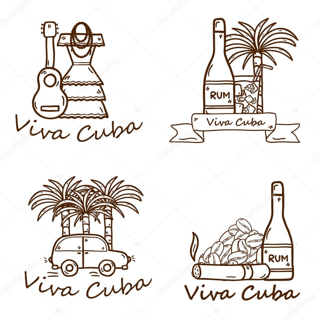 Set of cute hand drawn colorful badges on Cuba theme with rum, coctail Cuba Libre, old car, sugar cane, coffee, guitar, cigar, national womans dress for your cuban design