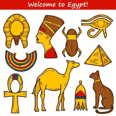 Elle çizilmiş tarzı mısır konulu karikatür simgeler kümesi: pharaon, nefertiti, deve, Piramit, bokböceği, kedi, göz. Afrika seyahat kavramı