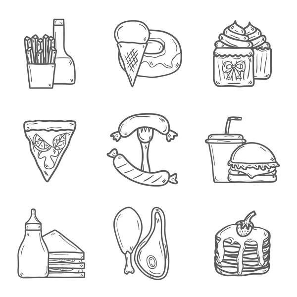 Conjunto de objetos de desenhos animados sobre o tema da comida americana: batata frita, cachorro-quente, refrigerante, hambúrguer, sanduíche. Cozinha étnica e conceito de viagem —  Vetores de Stock