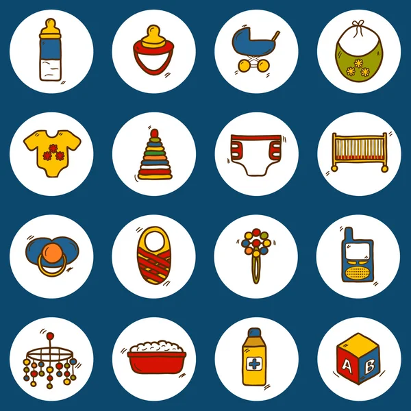 Av handritad ikoner på baby care tema: bröstvårtan, skallra, block, vagn, säng, blöja — Stock vektor