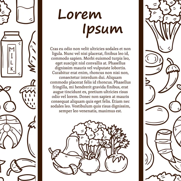 Concepto de comida saludable vectorial con objetos y fondo sin costuras en estilo dibujado a mano en el tema de la dieta paleo: carne, pescado, frutas, verduras, especias, nueces — Vector de stock