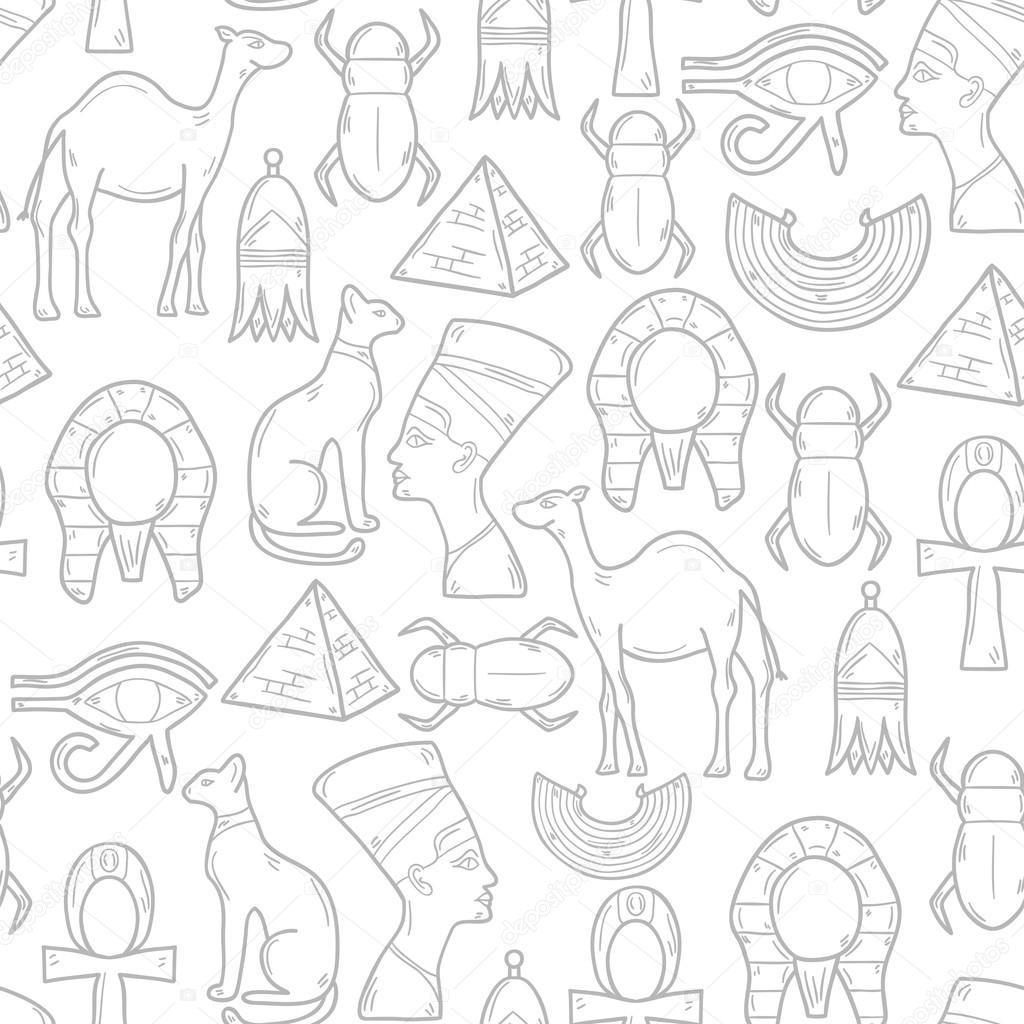 Seamless background with cartoon objects in hand drawn style on Egypt theme: pharaon, nefertiti, camel, pyramid, scarab, cat, eye. Africa travel concept