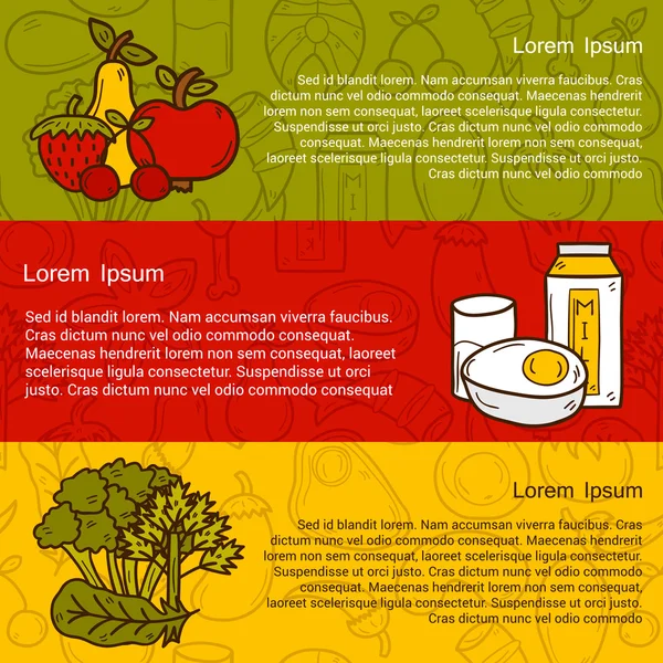 Concept d'aliments sains vectoriels avec des objets et un fond dessinés à la main sur le thème du régime paléo : viande, poisson, fruits, légumes, épices, noix — Image vectorielle