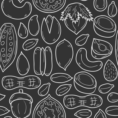 Sealess background with cartoon hand drawn objects on nuts theme: hazelnut, pumpkin and sunflower seeds, peanut, pecan, pistachio, cashew, walnut, acorn, almond, coconut, cocoa. Raw healthy food