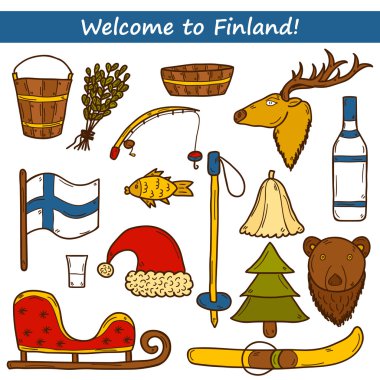 Set of cartoon hand drawn objects on Finland theme: sauna, deer, bear, broom, bucket, fish, hat, flag, vodka, fir-tree, rod, basin, ski and pole, sledge. Travel Europe concept