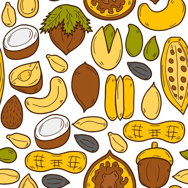 Sealess background with cartoon hand drawn objects on nuts theme: hazelnut, pumpkin and sunflower seeds, peanut, pecan, pistachio, cashew, walnut, acorn, almond, coconut, cocoa. Raw healthy food — Stock Vector
