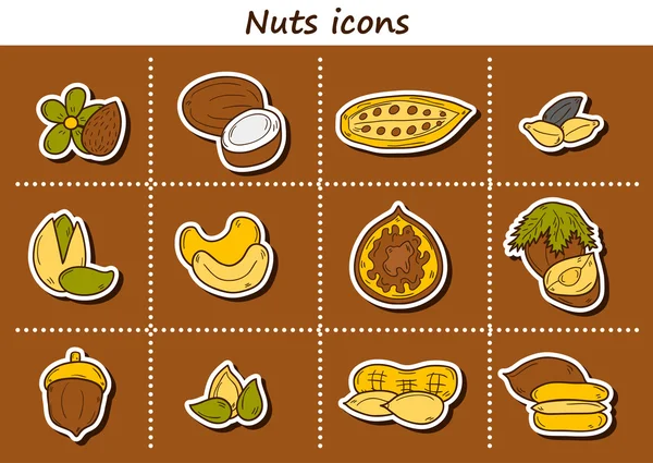 Set of cartoon hand drawn stickers on nuts theme: hazelnut, pumpkin and sunflower seeds, peanut, pecan, pistachio, cashew, walnut, acorn, almond, coconut, cocoa. Raw healthy food concept — Wektor stockowy