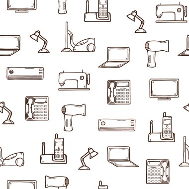 Seamless background with hand drawn objects on home appliance theme: hairdryer, vacuum cleaner, lamp, computer, monitor, telephone, notebook, sewing machine, conditioner, handset. House electronics