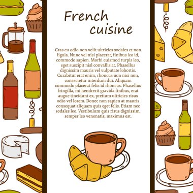 Vector ethnic cuisine or travel concept with cartoon hand drawn objects and seamless background on french food theme: cheese, wine, macaroon, criossant, pastry