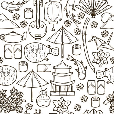 Sorunsuz geçmiş ile obje elinde çizilmiş anahat stili Japonya Tema: geyşa, kılıç, suşi, sakura, fener, origami. Seyahat Japon consept
