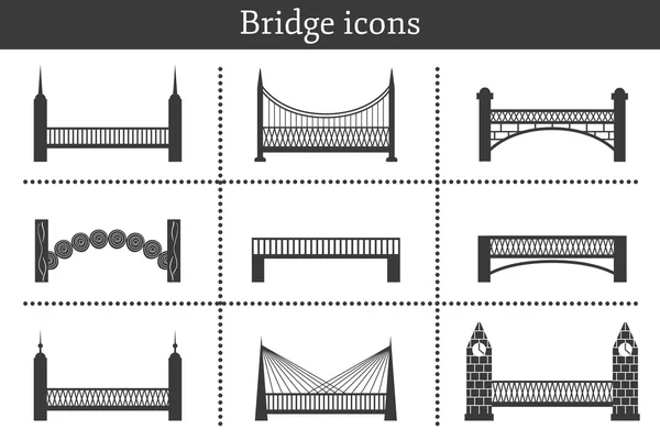 Set ikon dalam gaya datar pada tema jembatan. Konstruksi kota dan konsep perjalanan - Stok Vektor