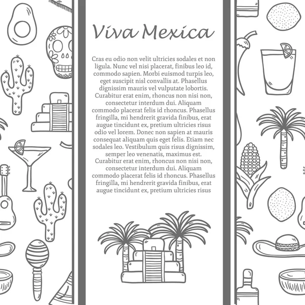 Concepto mexicano de viaje vectorial con objetos dibujados a mano y fondo sobre el tema de México o América Latina: sombrero, poncho, tequila, cócteles, taco, cráneo, guitarra, pirámide, aguacate, limón, chile — Archivo Imágenes Vectoriales