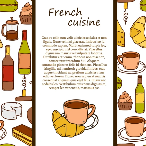 Vector cocina étnica o concepto de viaje con dibujos animados objetos dibujados a mano y fondo sin costuras sobre el tema de la comida francesa: queso, vino, macarrón, criossant, pastelería — Vector de stock