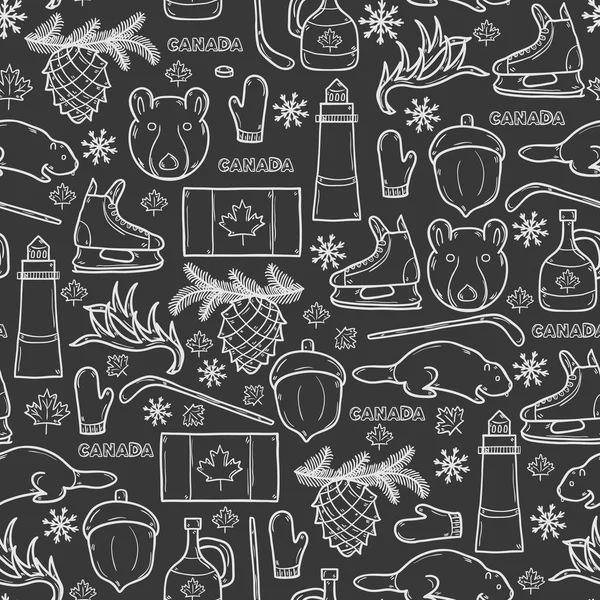 Бесшовный фон с нарисованными вручную предметами на канадскую тему: кленовый сироп, хоккейная клюшка, шайба, медведь, рог, плоский. Концепция путешествия по Северной Америке — стоковый вектор