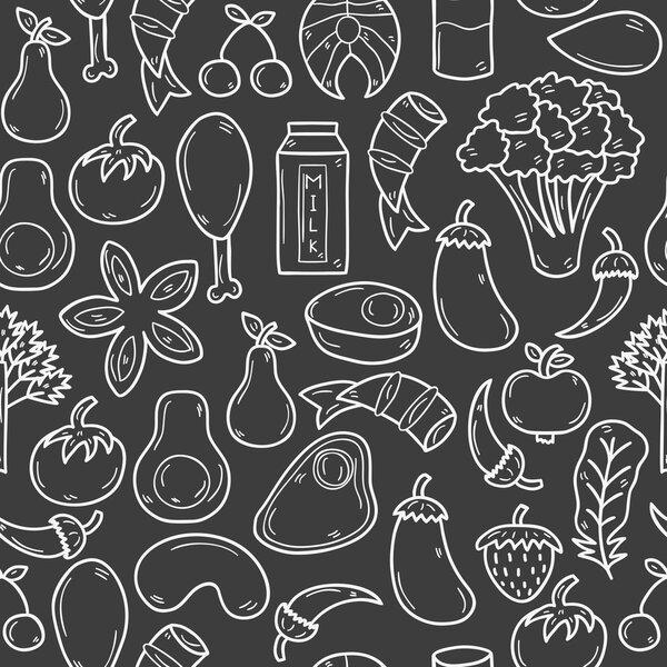 Бесшовный фон с объектами в рисованном от руки наброске стиле на тему палео диеты: мясо, рыба, фрукты, овощи, специи, орехи. Концепция здорового питания
