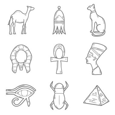 Set of cartoon outline icons in hand drawn style on Egypt theme: pharaon, nefertiti, camel, pyramid, scarab, cat, eye. Africa travel concept
