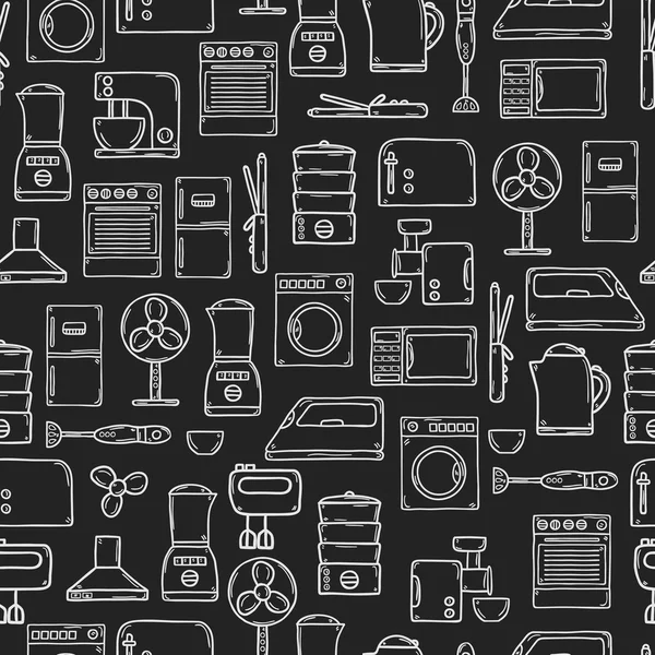 Seamless background with objects in hand drawn cartoon outline style on home appliance theme: fridge, kettle, microwave, steamer, mixer, iron, stove. House care and housekeeping concept