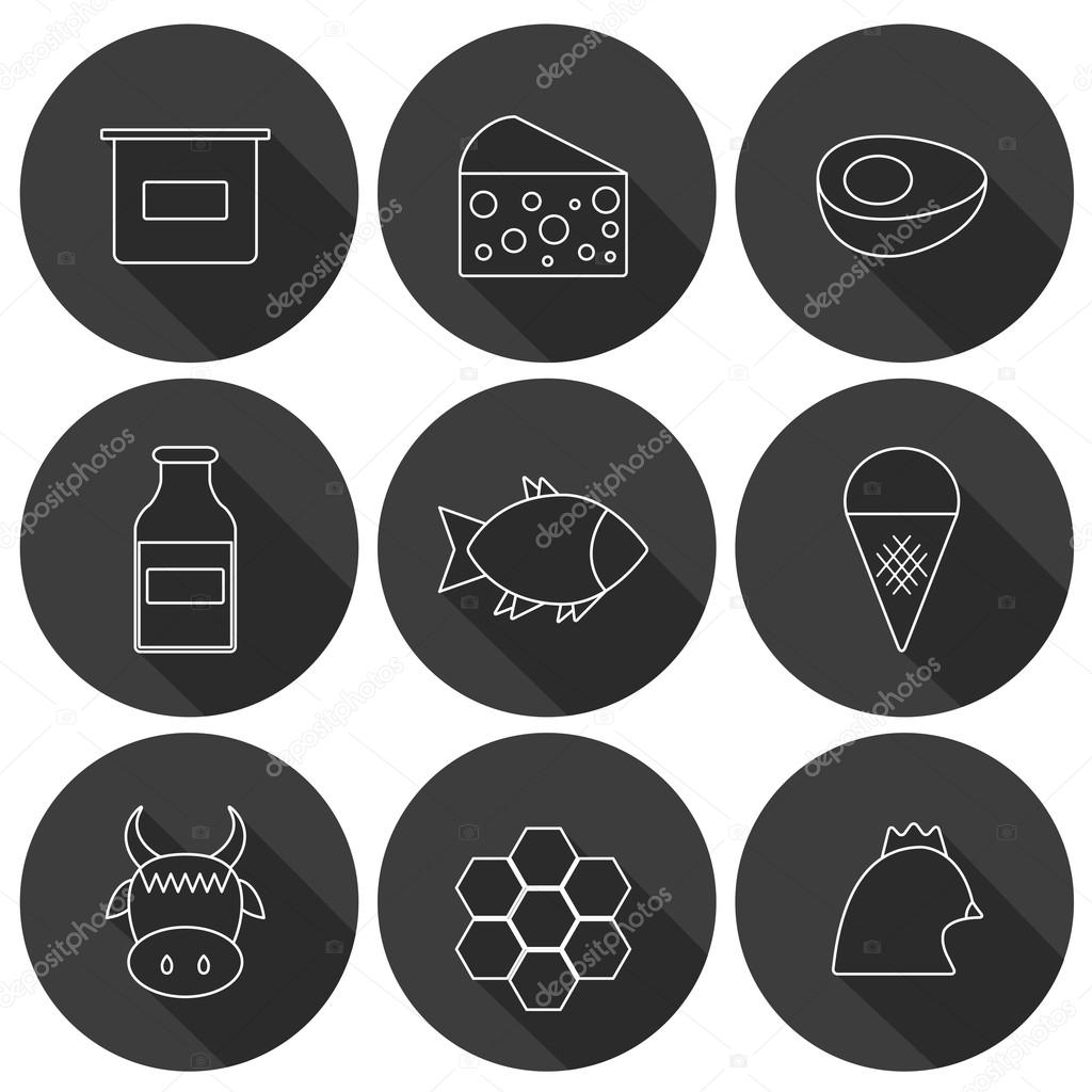 Set of modern flat shadow icons with products containing animal protein and prohibited for vegans: milk, cheese, egg, yogurt, fish, ice cream, red meat, honey, poultry meat. You can use it for your
