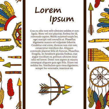 Vector native american concept with cartoon hand drawn objects and seamless background on injun theme: tomahawk, feather, canoe, bow, arrow, hat, mandala, flute, pipe, dreamcatcher