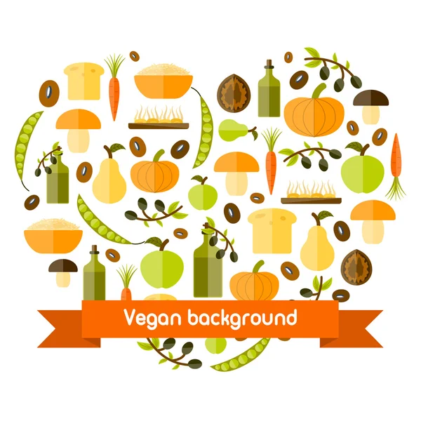 Fondo vectorial moderno en forma de corazón con objetos de estilo plano en tema de comida vegana — Vector de stock