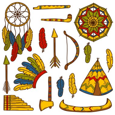 Set of cartoon hand drawn objects on injun theme: tomahawk, feather, canoe, bow, arrow, hat, mandala, flute, pipe, dreamcatcher. Native american concept clipart