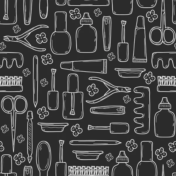 Fundo sem costura com objetos desenhados à mão bonitos no tema pedicure manicure: clippers, polonês, arquivo, nipper, cremes. Conceito de beleza — Vetor de Stock