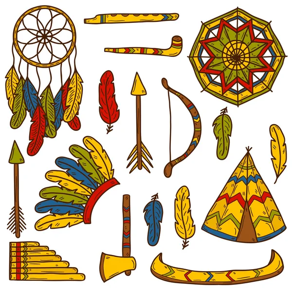 Conjunto de desenhos animados desenhados à mão objetos sobre tema injun: tomahawk, pena, canoa, arco, seta, chapéu, mandala, flauta, tubo, dreamcatcher. Conceito nativo-americano — Vetor de Stock