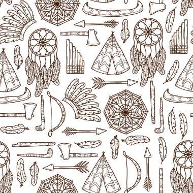 Seamless background with hand drawn objects on injun theme: tomahawk, feather, canoe, bow, arrow, hat, mandala, flute, pipe, dreamcatcher. Native american concept clipart