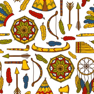 Seamless background with hand drawn objects on injun theme: tomahawk, feather, canoe, bow, arrow, hat, mandala, flute, pipe, dreamcatcher. Native american concept clipart