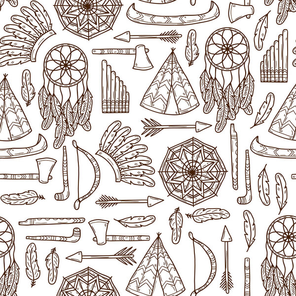 Seamless background with hand drawn objects on injun theme: tomahawk, feather, canoe, bow, arrow, hat, mandala, flute, pipe, dreamcatcher. Native american concept