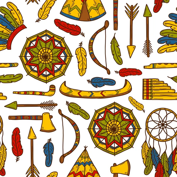 Fond sans couture avec des objets dessinés à la main sur le thème des Indiens : tomahawk, plume, canot, arc, flèche, chapeau, mandala, flûte, pipe, capteur de rêves. Concept amérindien — Image vectorielle