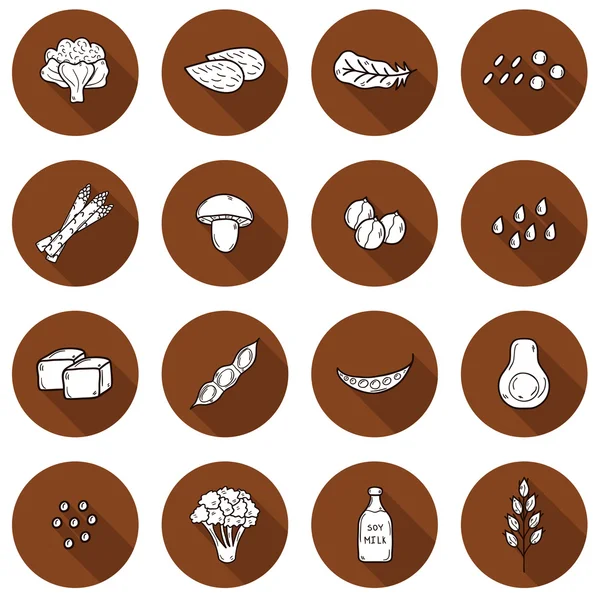 Conjunto de desenhos animados desenhados à mão objetos sobre tema fonte de proteína vegan: tofy, soja e leite, quinoa, lentilha, chia. Conceito de comida vegetariana saudável —  Vetores de Stock