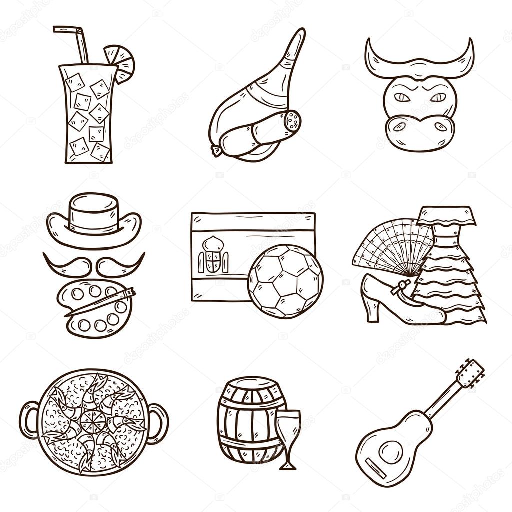 Set of cartoon drawn icons on Spain theme: flag, bull, ball, flamenco, guitar, jamon. Travel europe concept