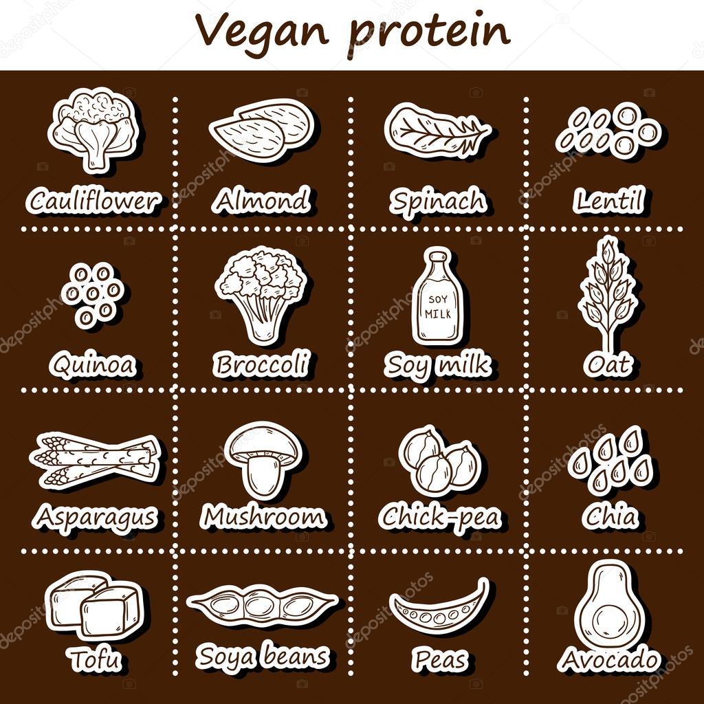 Set of cartoon hand drawn stickers on vegan protein source theme: tofy, soya beans and milk, quinoa, lentil, chia. Healthy vegetarian food concept