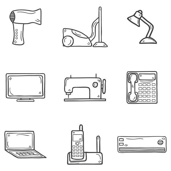 Set of cartoon hand drawn objects on home appliance theme: hairdryer, vacuum cleaner, lamp, computer, monitor, telephone, notebook, sewing machine, conditioner, handset. House electronics concept — Stock Vector