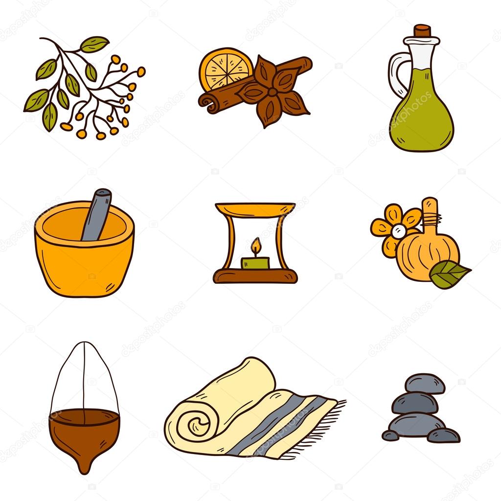 Set of cartoon ayurvedic icons in hand drawn style: herbs, stones, oil, spices, aromatherapy, towel. Auyrveda healthcare and treatment concept