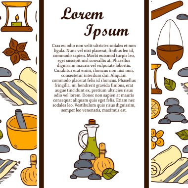 Vector auyrveda healthcare or treatment concept with seamless background and hand drawn ayurvedic objects: herbs, stones, oil, spices, aromatherapy, towel