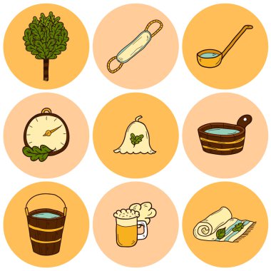 Set of hand drawn sauna icons: broom, towel, hat, wisp, beer, steam. Relaxation, health care or treatment concept