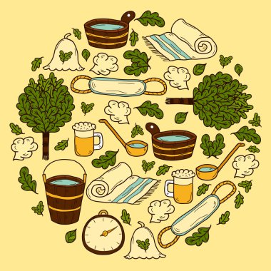 Vector background in circle shape with cartoon hand drawn sauna objects: broom, towel, hat, wisp, beer, steam. Relaxation, health care or treatment concept