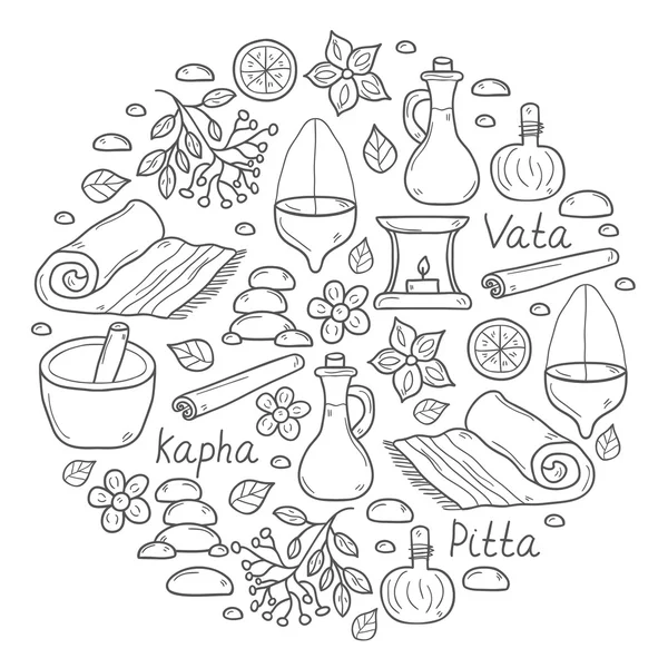 Set objek gambar tangan ayurveda kartun untuk latar belakang dalam bentuk lingkaran: herbal, batu, minyak, rempah-rempah, aromaterapi, handuk. Konsep perawatan dan perawatan kesehatan Auyrveda - Stok Vektor