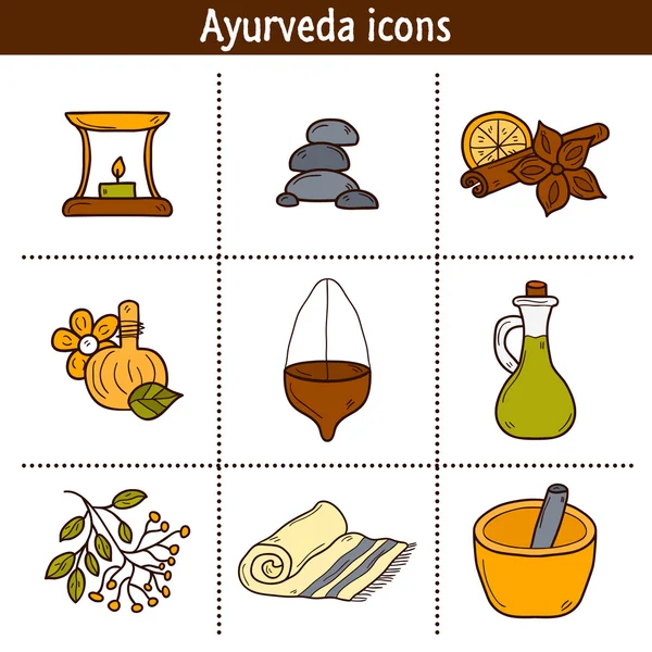 Set of cartoon ayurvedic icons in hand drawn style: herbs, stones, oil, spices, aromatherapy, towel. Auyrveda healthcare and treatment concept — Stok Vektör